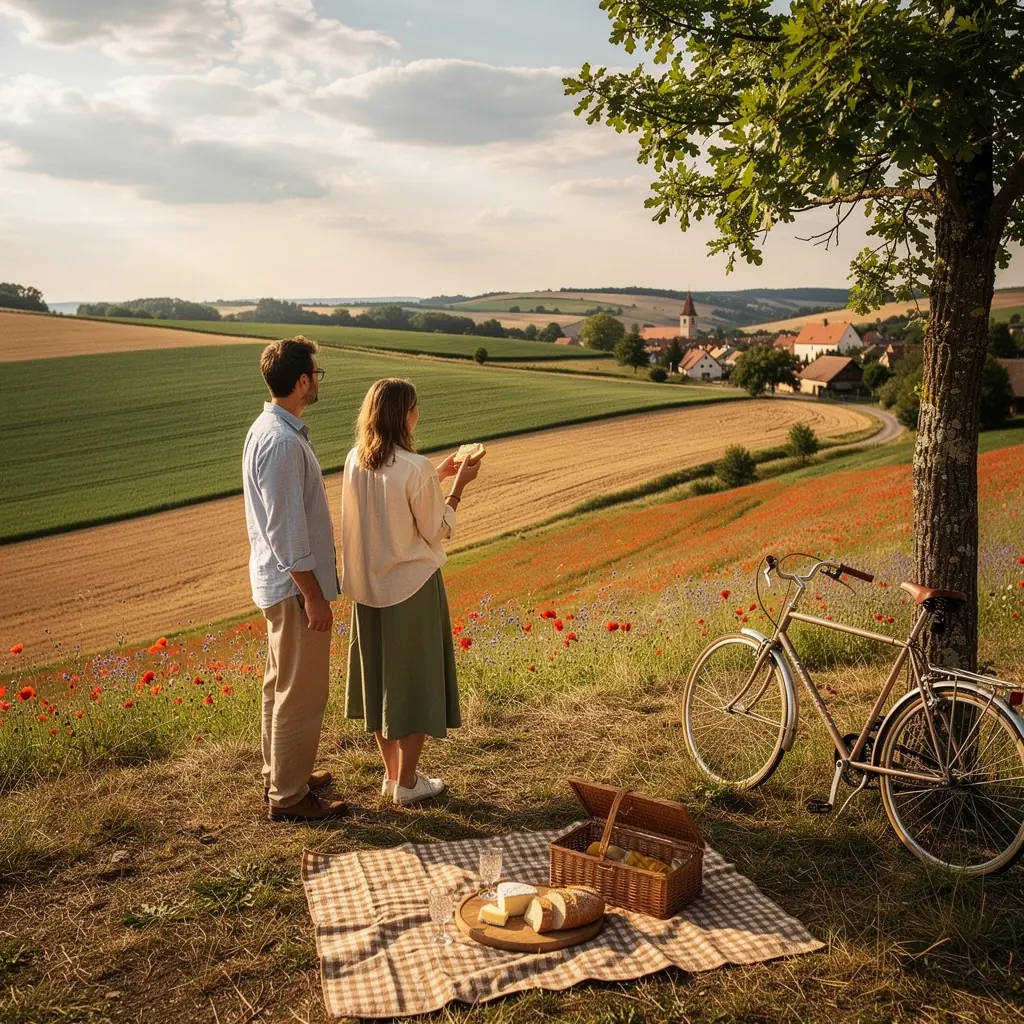 Pohled na historický hrad obklopený zelenými lesy a modrou oblohou.